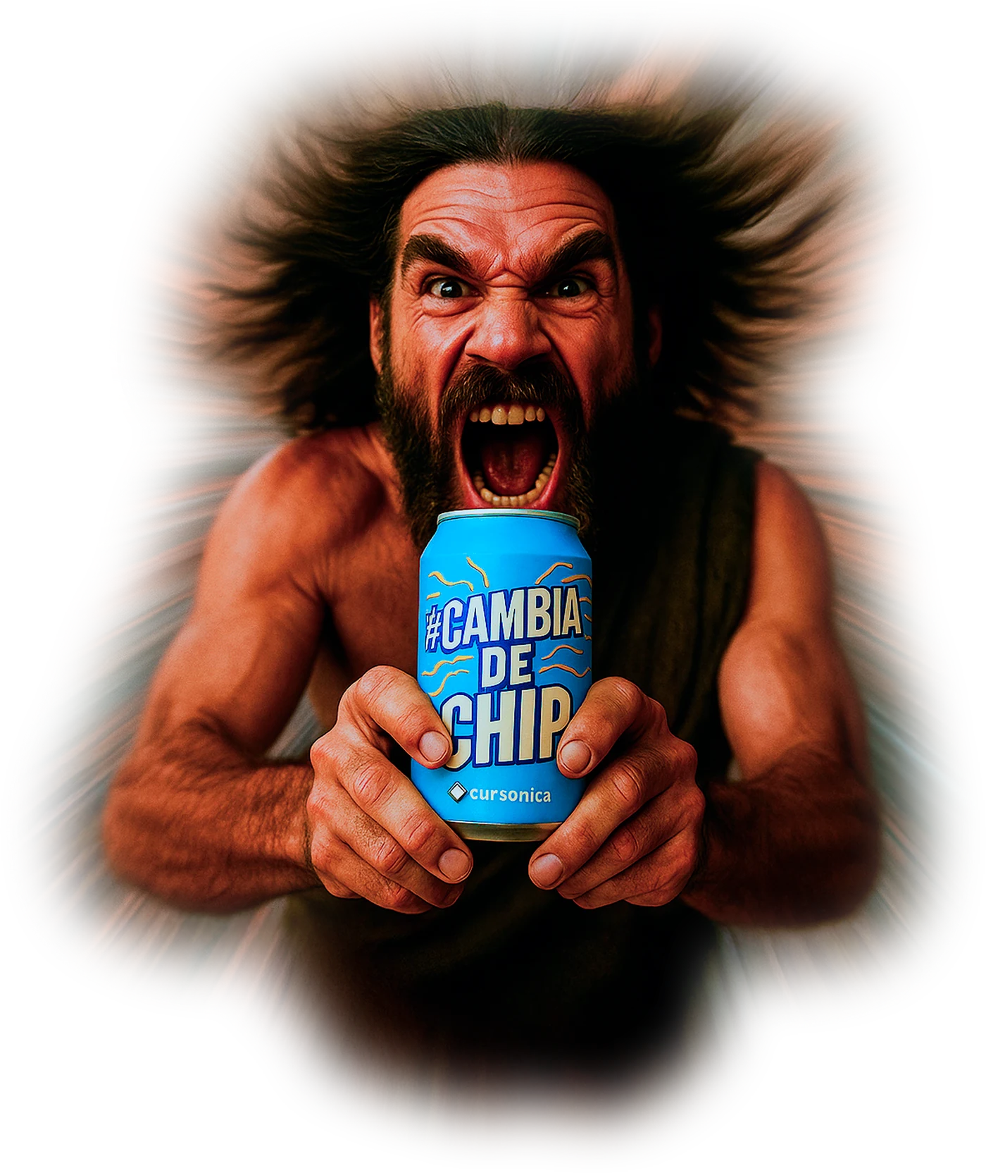 El cavernícola digital gritando con la lata Cambia de Chip en la mano